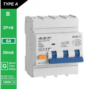 SEP aardlekautomaat type A(G) | 6A, 30mA, B-kar, 3P+N | RCM1-4AG-B06.03