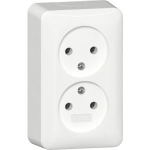 Gira / 2-voudige wandcontactdoos zonder randaarde met montageplaat / Opbouw zuiver wit / 479114