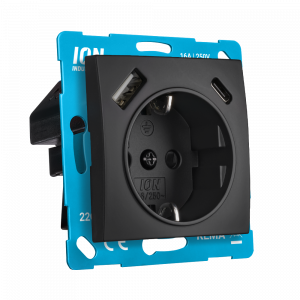 ION Wandcontactdoos RA USB A + USB C met Aanraakbeveiliging E1 Mat Zwart 10.302.416