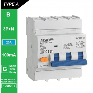 SEP aardlekautomaat type A(G) | 20A, 100mA, B-kar, 3P+N | RCM1-4AG-B20.10
