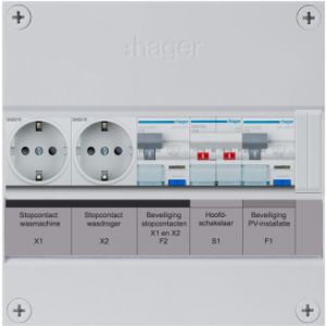 Hager groepenkast, 1 fase met 2 aardlekautomaten en 2 wandcontactdozen, alt. voor VKG02PV-WW