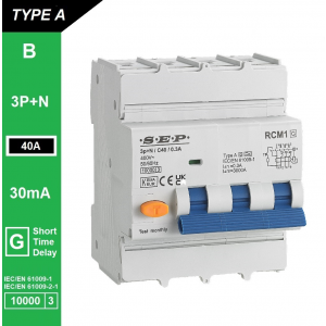SEP aardlekautomaat type A(G) | 40A, 30mA, B-kar, 3P+N | RCM1-4AG-B40.03