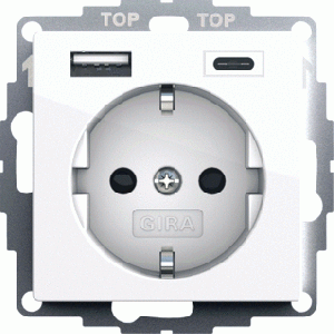Gira / wandcontactdoos met randaarde, kinderbeveiliging en USB A/C aansluiting / zuiver wit glanzend / 245903