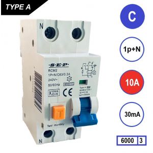 SEP aardlekautomaat type A | 10A, 30mA, C-kar, 1P+N (36mm) | RCM2-C10.03