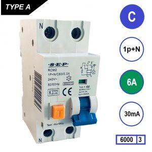 SEP aardlekautomaat type A | 6A, 30mA, C-kar, 1P+N (36mm) | RCM2-C06.03