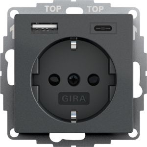 Gira / wandcontactdoos met randaarde, kinderbeveiliging en USB A/C aansluiting / antraciet / 245928