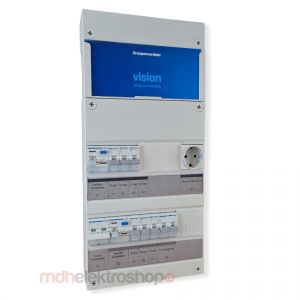 Hager groepenkast, 1 fase met 6 groepen, fornuisgroep en wandcontactdoos, o.g. aan VKG33E-FW