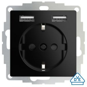 Wandcontactdoos met dubbele USB (2x A) aansluiting - Zwart